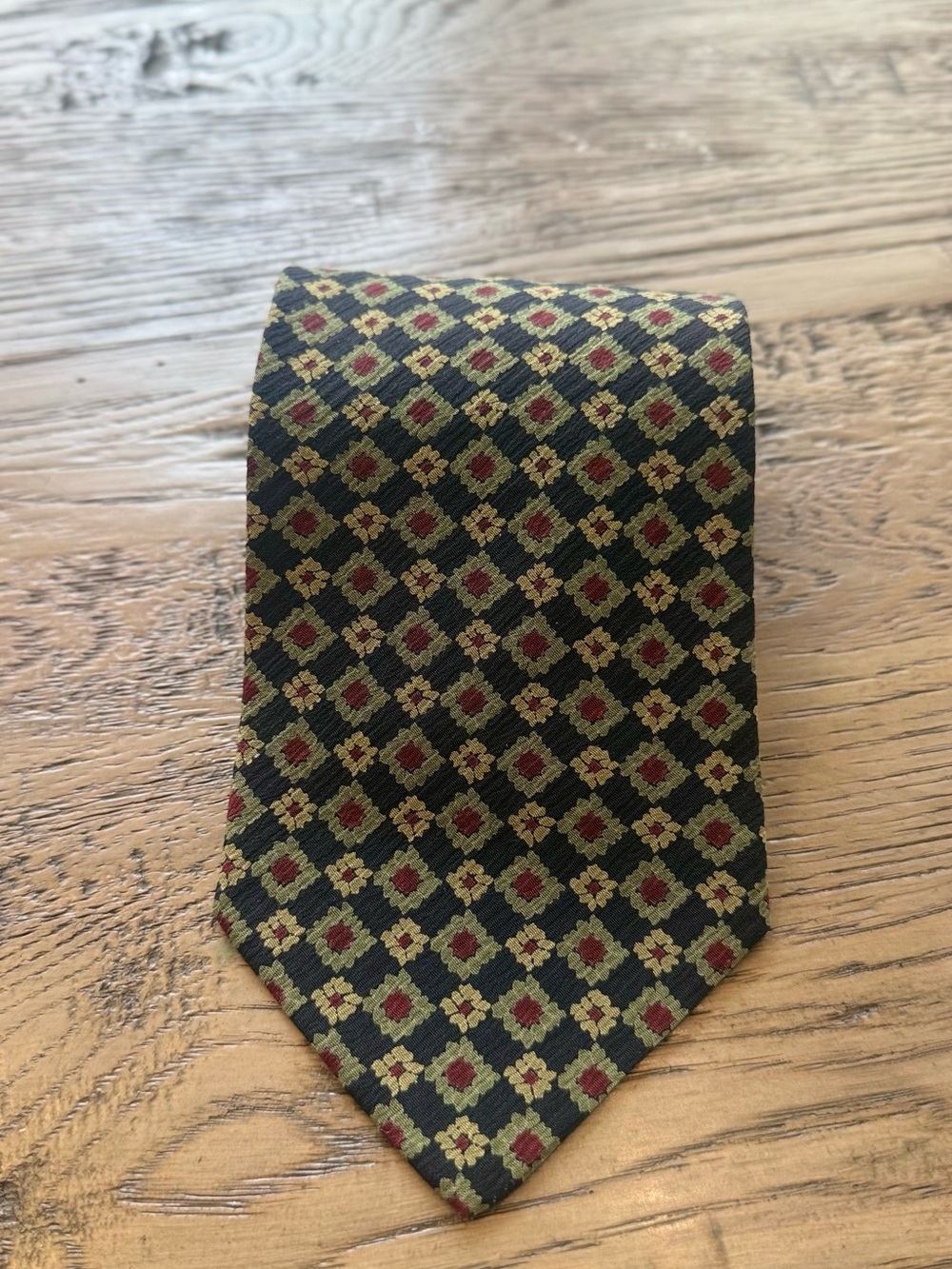 Giorgio Armani Black Silk Tie with Olive and Red Geometric Motif